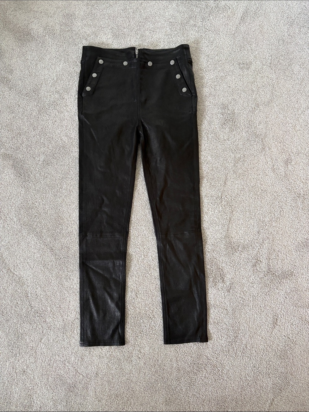 rag & bone Black Leather Skinny Pants with Snap Trim